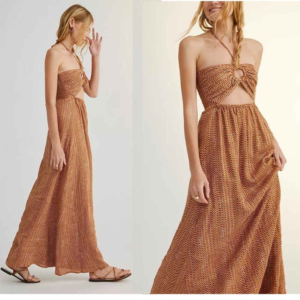 Faithfull Cut-Out Linen Midi Dress new with tag  US size 12 - Picture 2 of 7